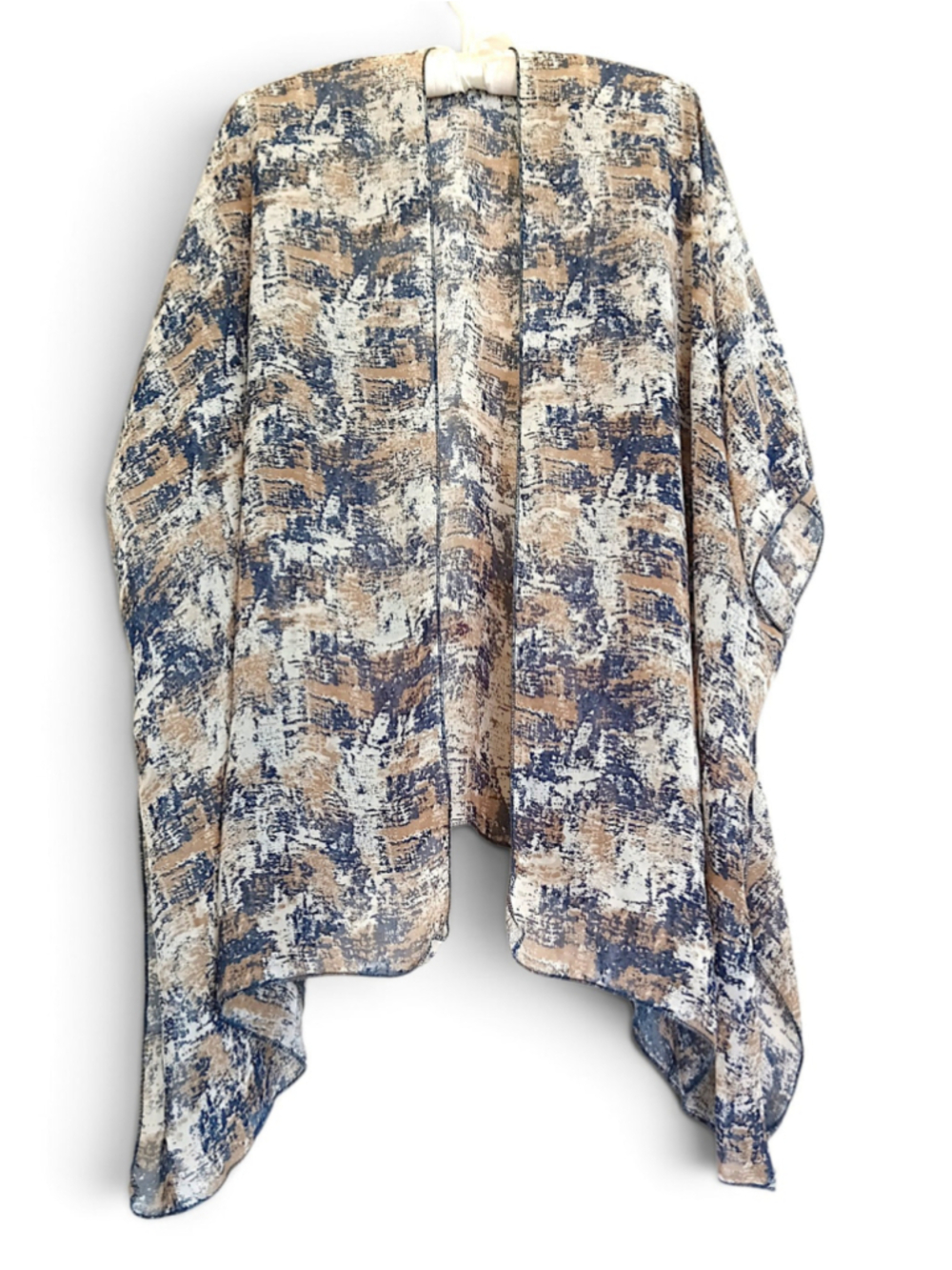 Sand n Sky Abstract Print Kimono sheer open front Blouse Beige Blue flowy draped - Picture 1 of 8